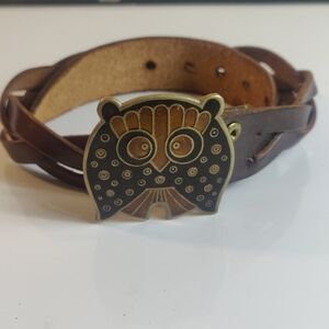 Vintage India Owl Buckle Braided Leather Belt Brown Boho Western XS/S